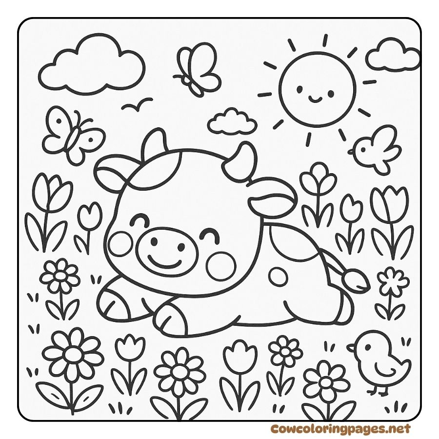 Cute baby cow lying in the middle of a cute flower field