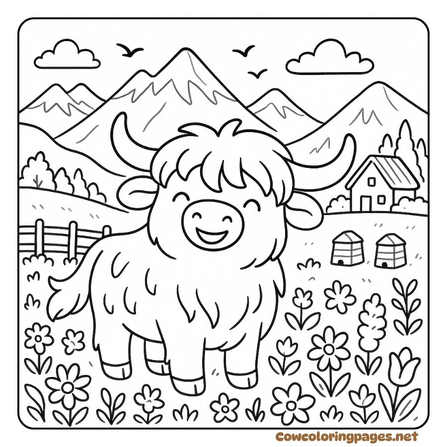 Coloring Page of Happy Cow in a Mountain Garden