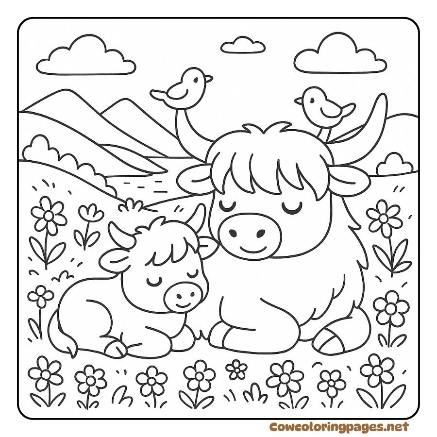Coloring Page of Mother Cow and Calf Resting in a Flower Field