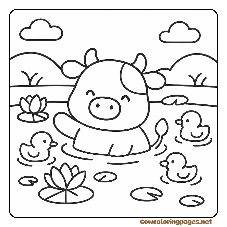 Coloring page of a baby cow bathing in a lotus pond with funny ducklings
