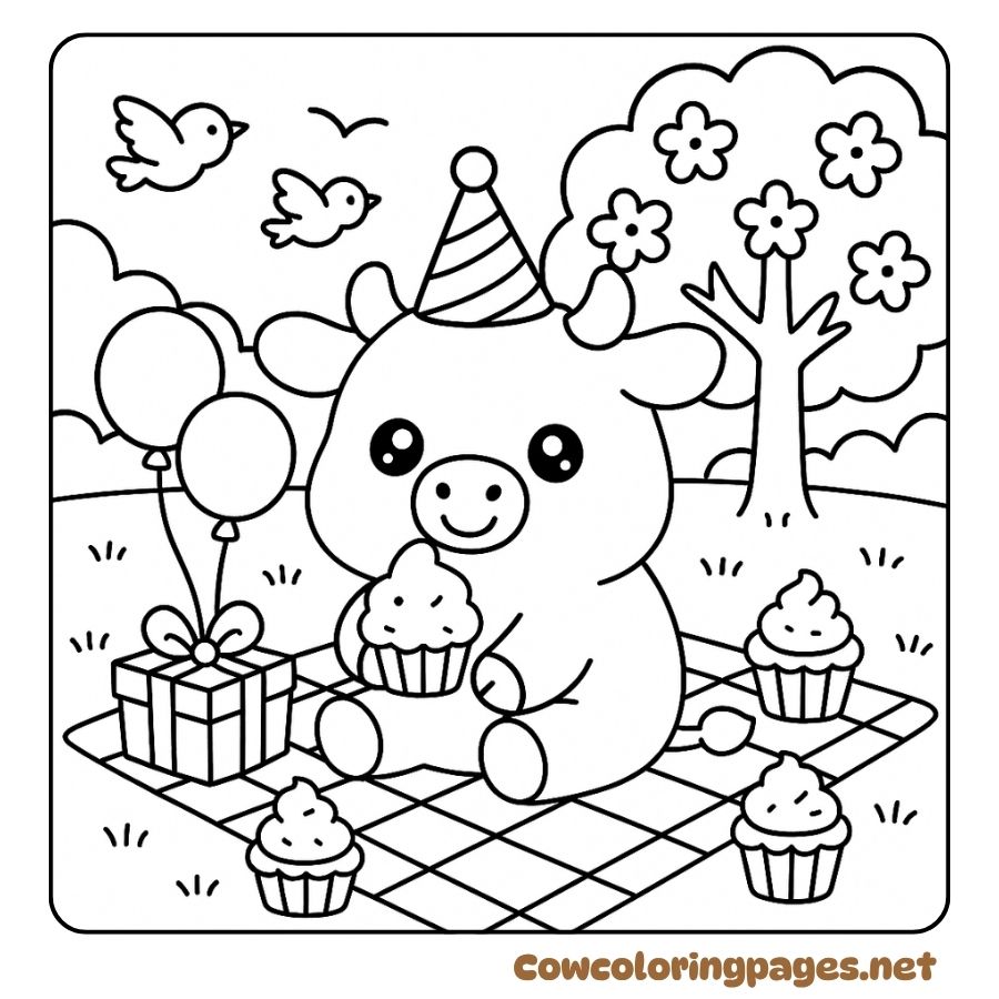 Coloring pictures of cows having outdoor parties