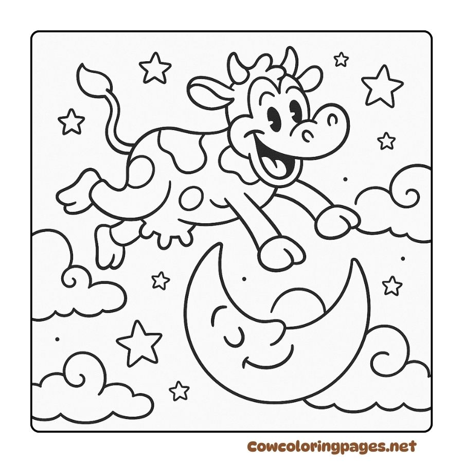 Coloring Page of a Cow Dancing Between the Clouds, Moon and Stars