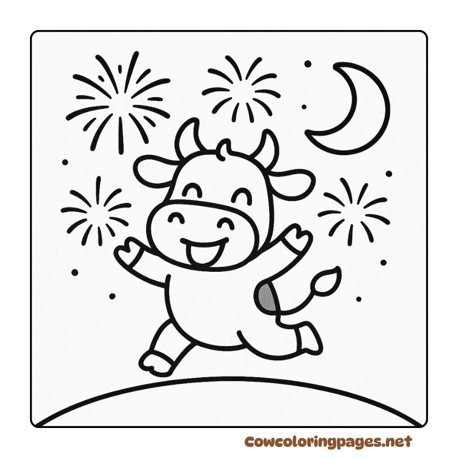 Coloring Page of a Cow Jumping Happy Under the Bright Fireworks