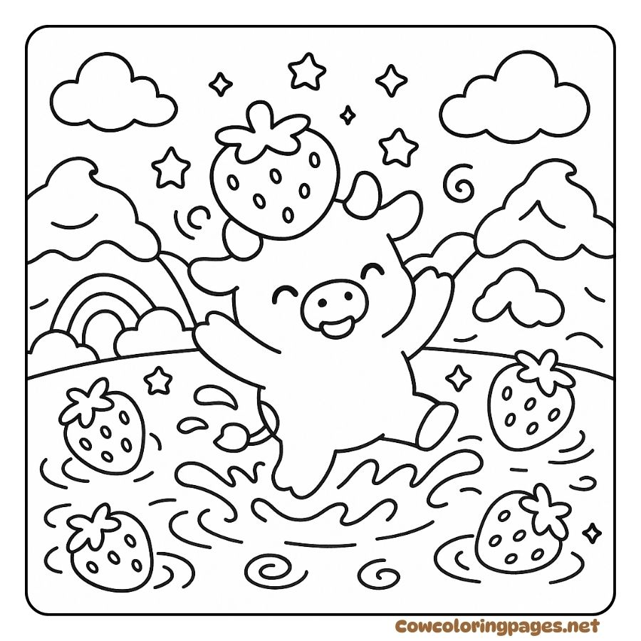 Coloring Page of a Cow Dancing Joyfully in the Rainbow Forest