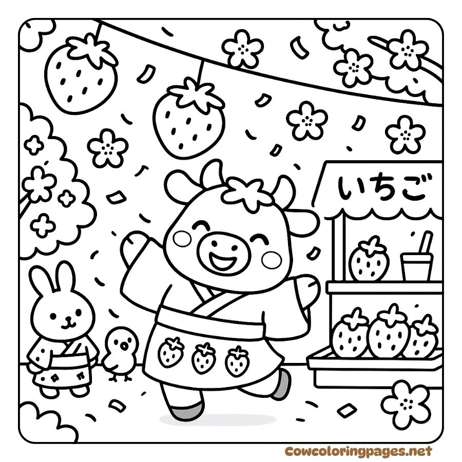 Coloring Page of a Cow Dancing in a Japanese Strawberry Festival