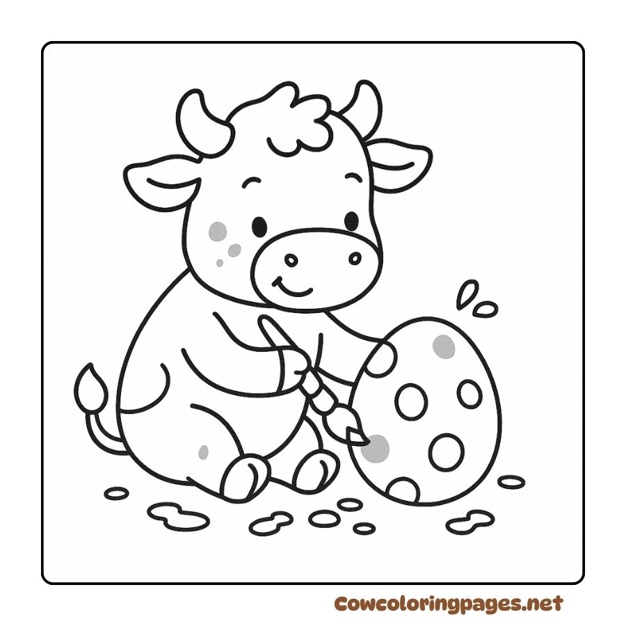 Coloring Page of a Cow Painting Eggs with a Brush and Watercolor