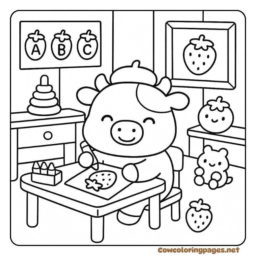 Coloring Page of a Cow Drawing a Strawberry in a Fun Sunny Room