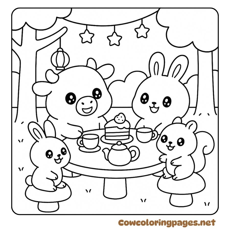 Coloring pictures of cute cows sitting and drinking tea