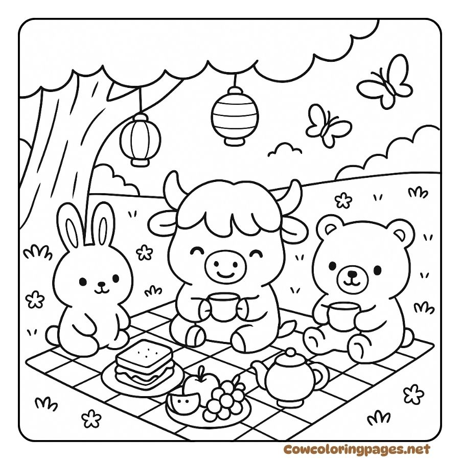 Coloring Page of a Cow Playing Outdoors with a Rabbit and a Bear