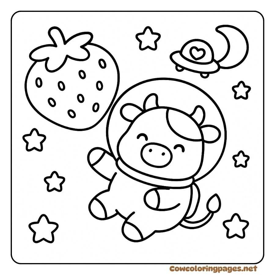 Coloring Page of a Cow Traveling to Space with Strawberries