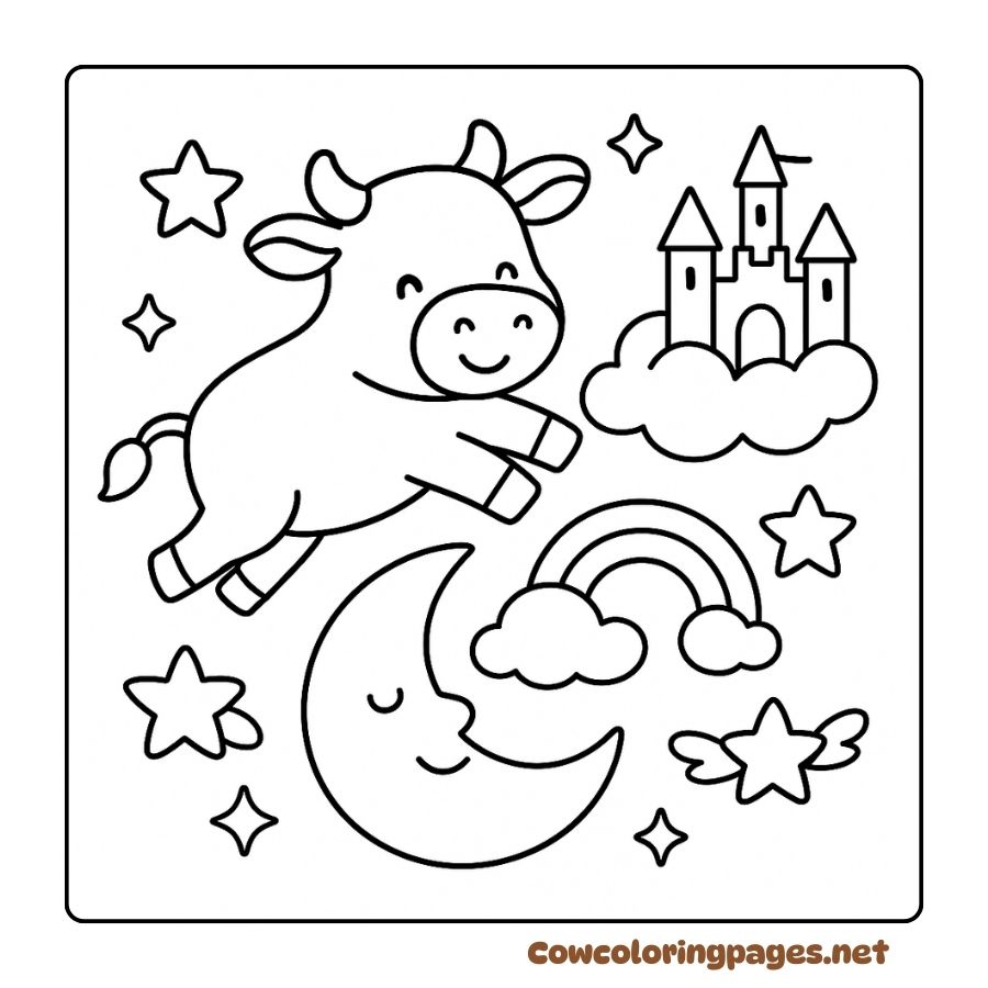 Coloring Page of a Cow Flying into a Magical Dream Kingdom