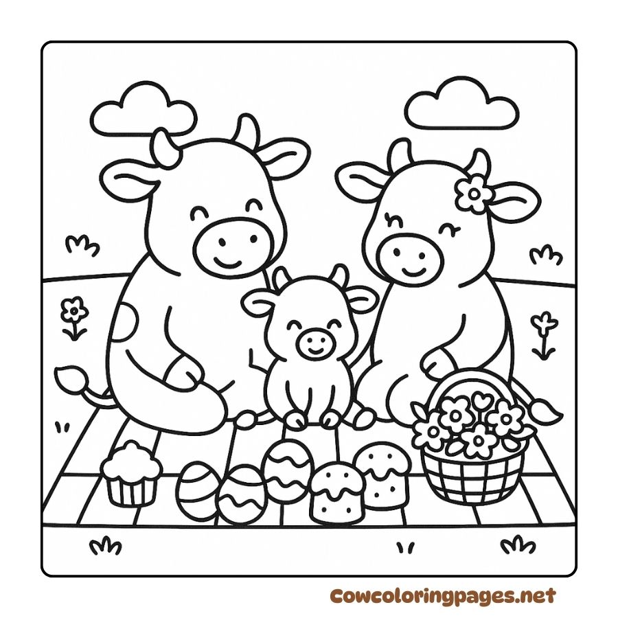 Coloring Page of a Cow Family Picnic with Cakes and Eggs