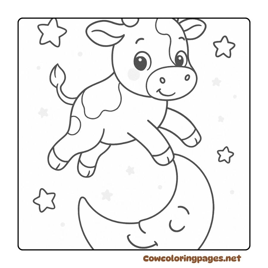 Coloring Page of a Cow Flying Over the Smiling Moon