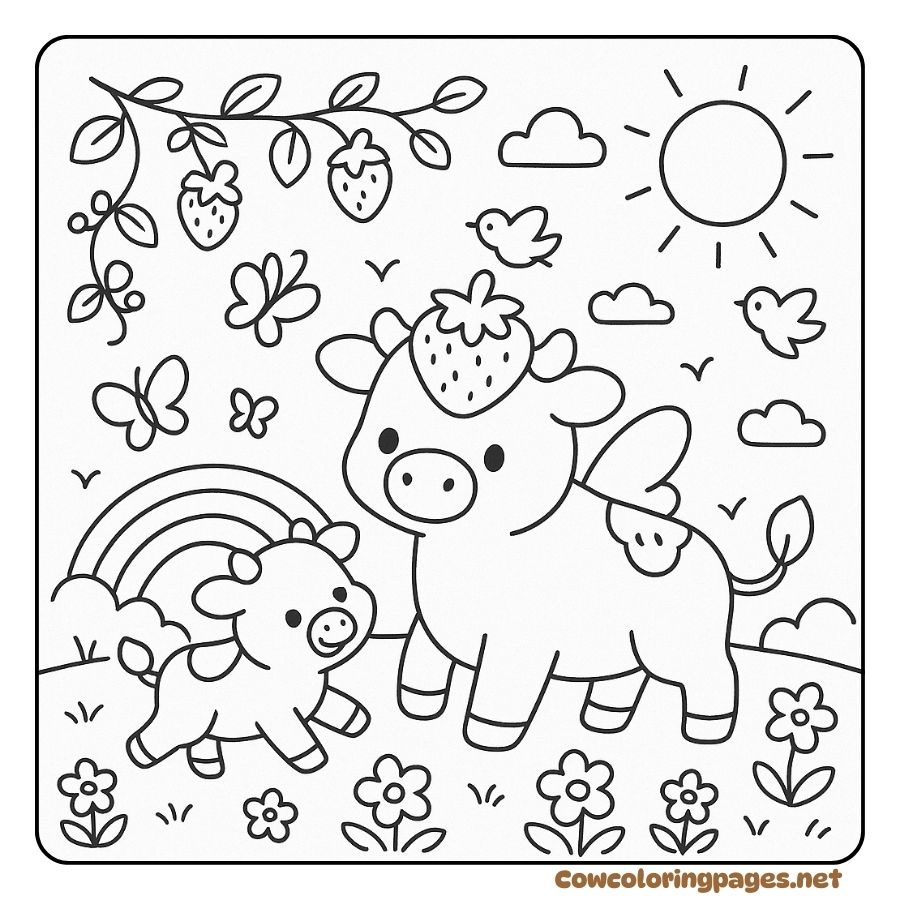 Coloring Page of a Winged Cow Strolling in the Nature