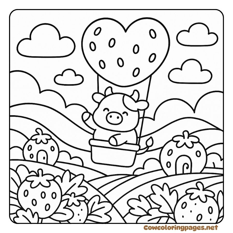 Coloring Page of a Cow Flying in the Sky in a Heart-Shaped Balloon
