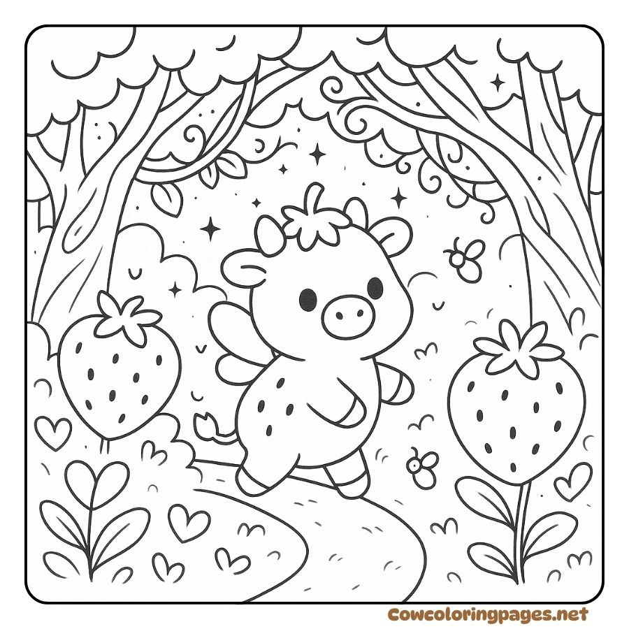 Coloring Page of a Cow Jumping Around in a Magical Strawberry Forest