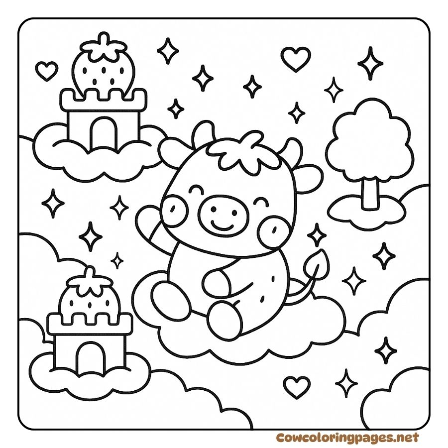 Coloring Page of a Happy Cow Between the Clouds and a Strawberry Castle