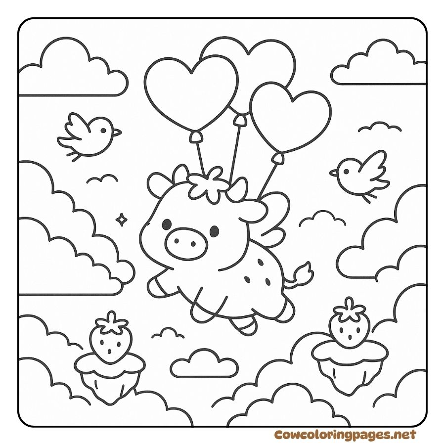Coloring Page of a Cow Flying to the Sky with Three Heart Balloons