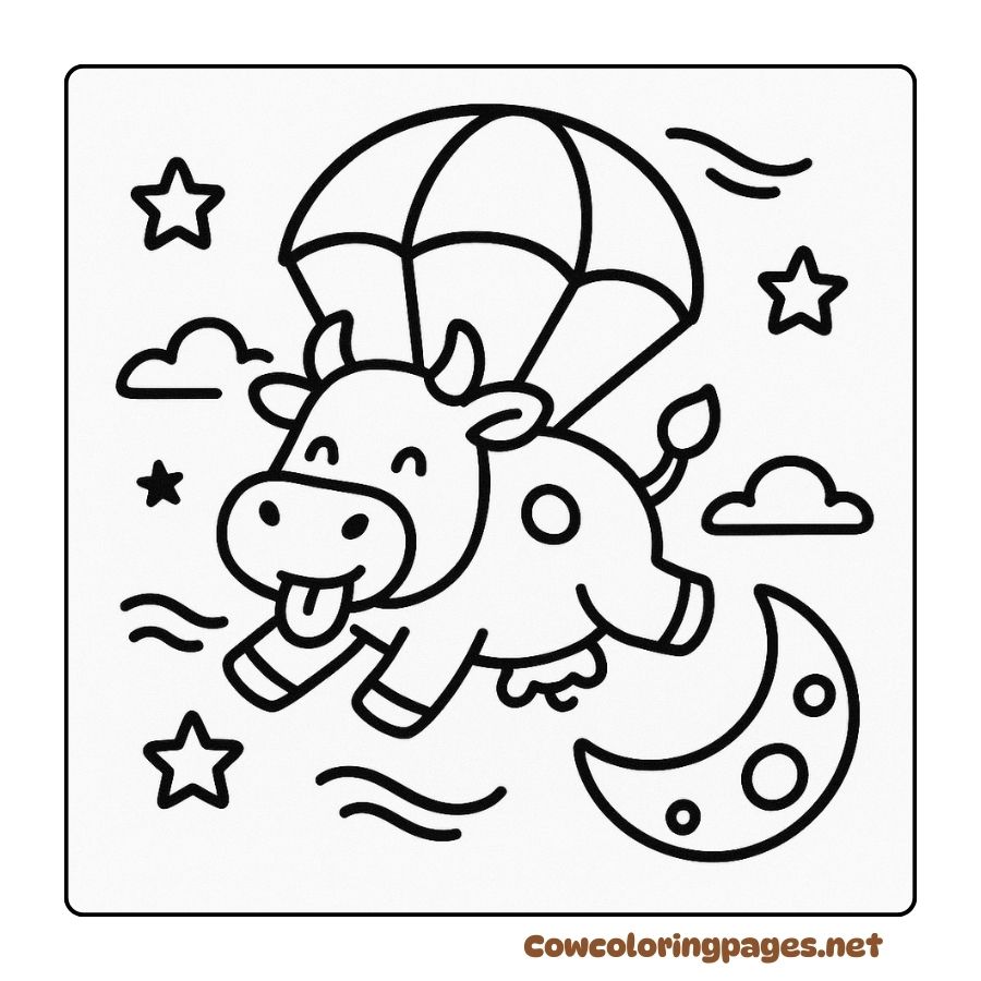 Coloring Page of a Cow Flying with a Parachute in the Starry Night Sky