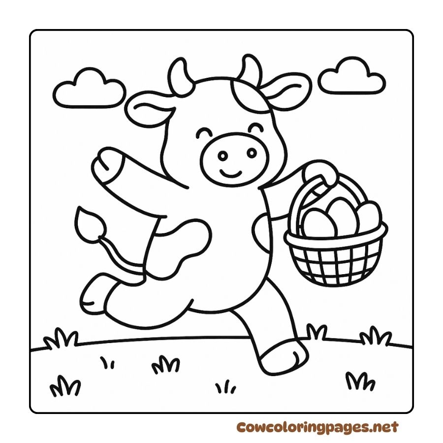 Coloring Page of a Cow Jumping Around with a Basket of Easter Eggs