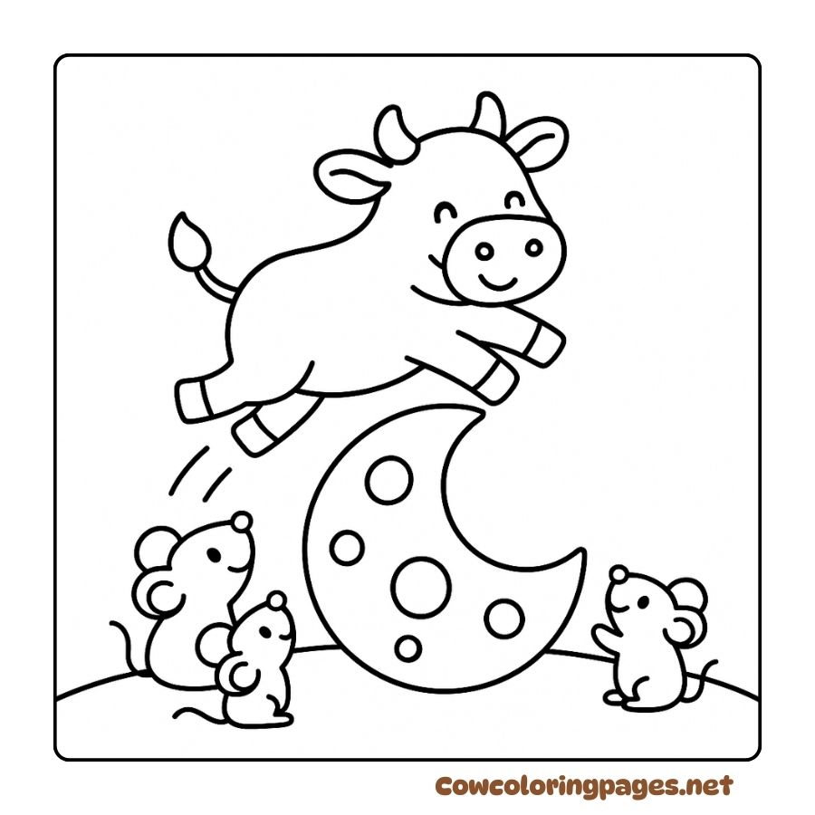 Coloring Page of a Cow Jumping Over the Moon and Mice