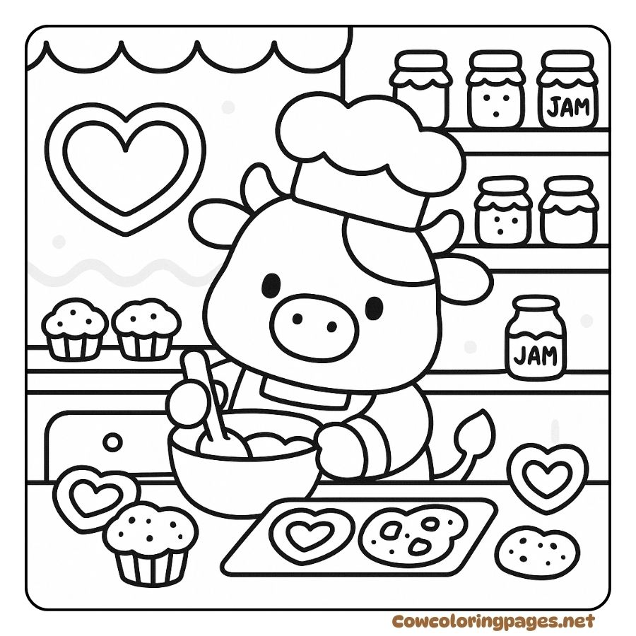 Coloring Page of a Cow Baking Heart Cakes in a Bakery
