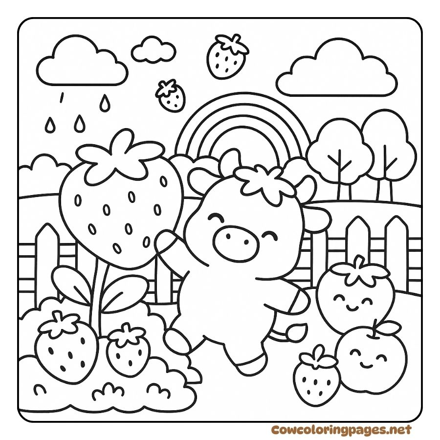 Coloring Page of a Baby Cow Picking Strawberries Under a Brilliant Rainbow