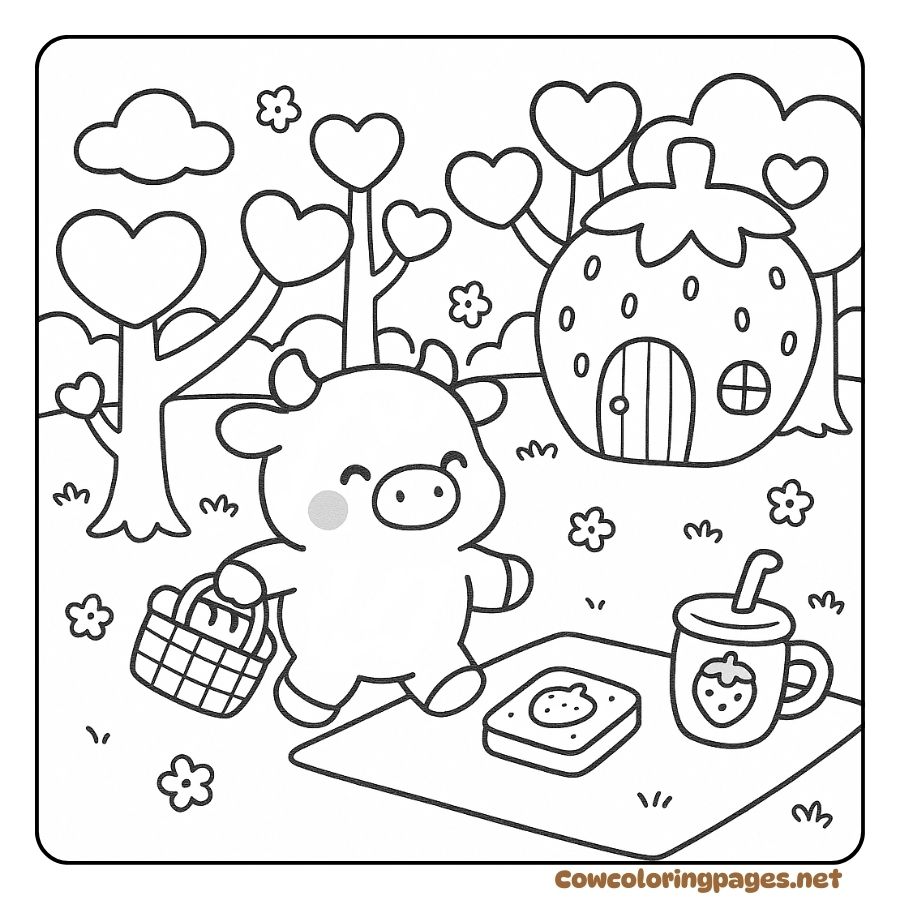 Coloring Page of a Cow Picnic Next to a Strawberry House