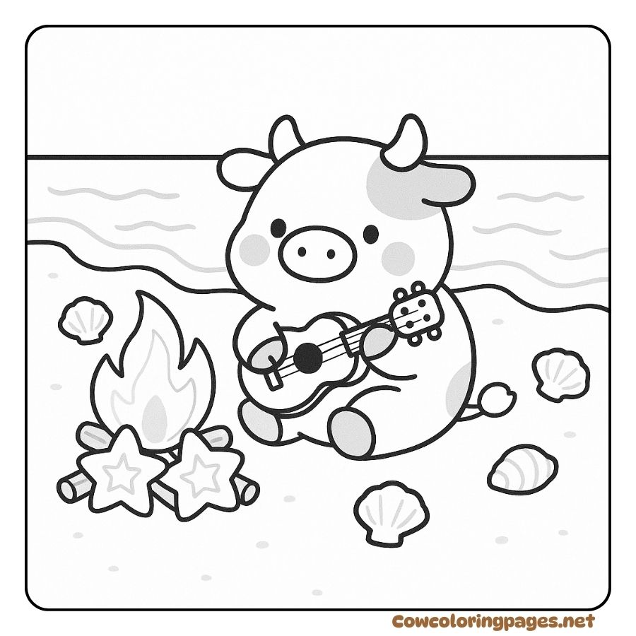 Coloring Page of a Cow Playing a Guitar by the Sea and a Campfire
