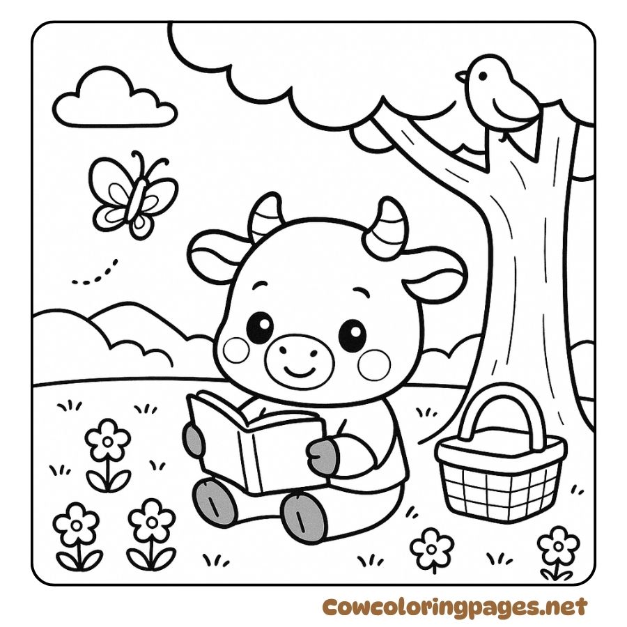 Coloring pictures of cows reading books and relaxing outdoors
