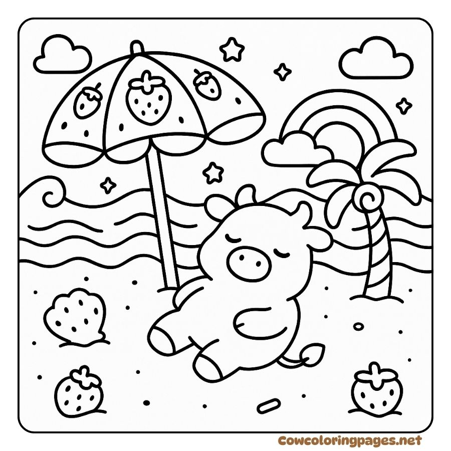 Coloring Page of a Cow Relaxing Under a Strawberry Umbrella on a Sunny Beach