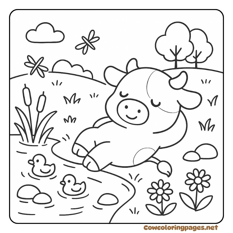 Coloring Page of a Cow Resting by a Lake with a Swimming Duck