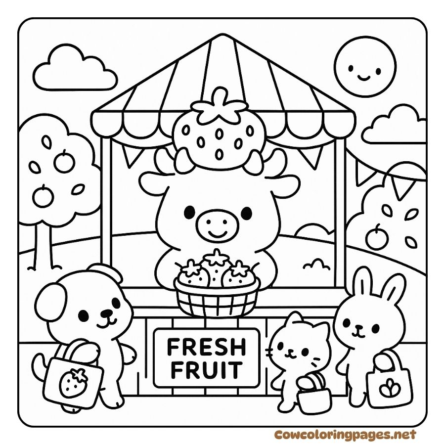 Coloring Page of a Cow Wearing Strawberries Selling Fresh Fruits at the Market