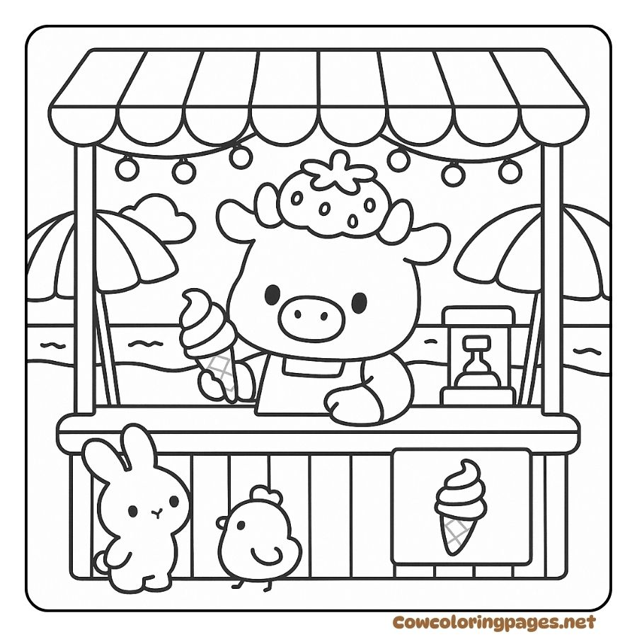 A Cute Cow Wearing Strawberries Selling Ice Cream at a Beachside Stall