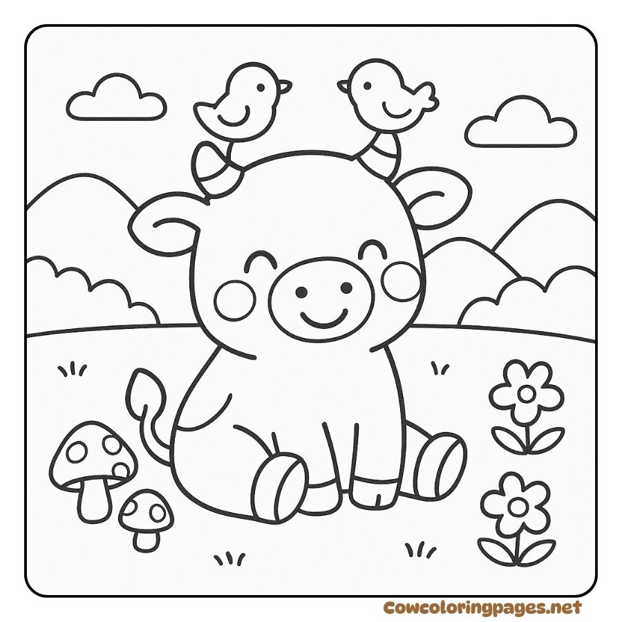 Coloring Page of a Smiling Cow with Two Little Birds