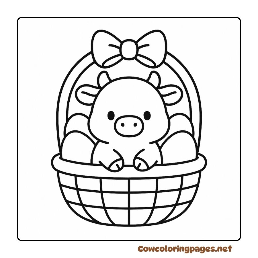 Coloring Page of a Cow in a Basket of Eggs with a Super Cute Bow