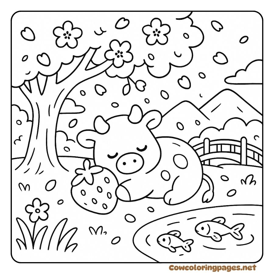 Coloring Page of a Sleeping Cow Holding Strawberries by the Fish Pond