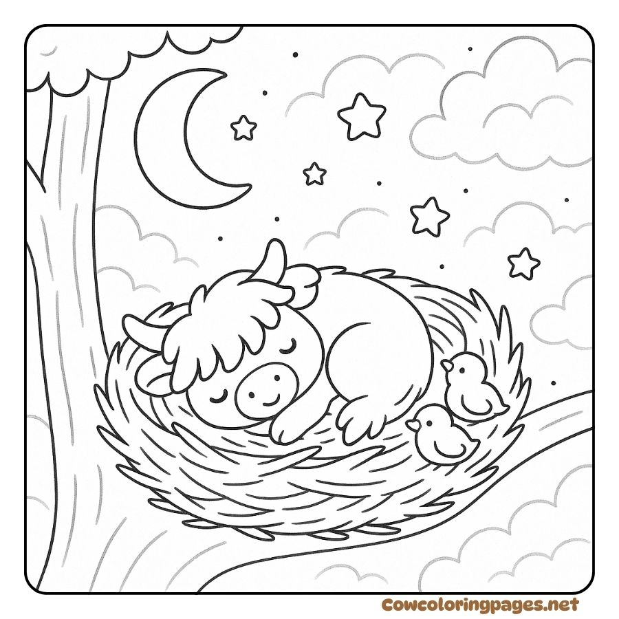 Coloring Page of a Cow Sleeping in a Bird's Nest on a Tall Tree