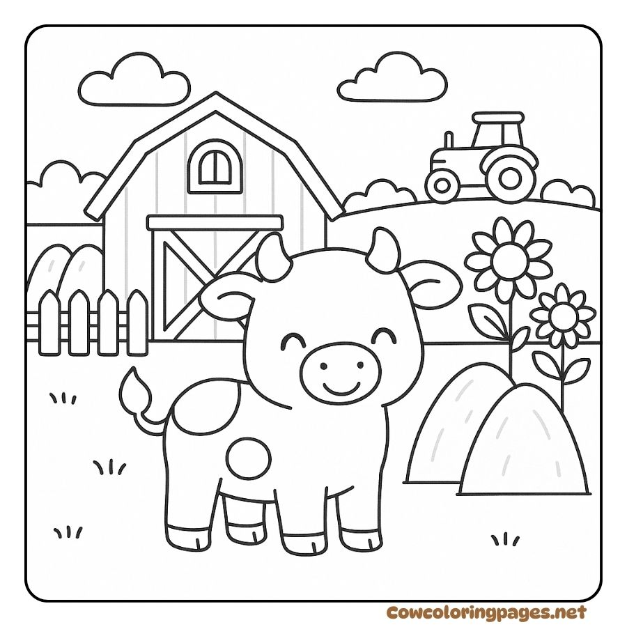 Coloring Page of a Cow Standing by a Barn and Sunflowers
