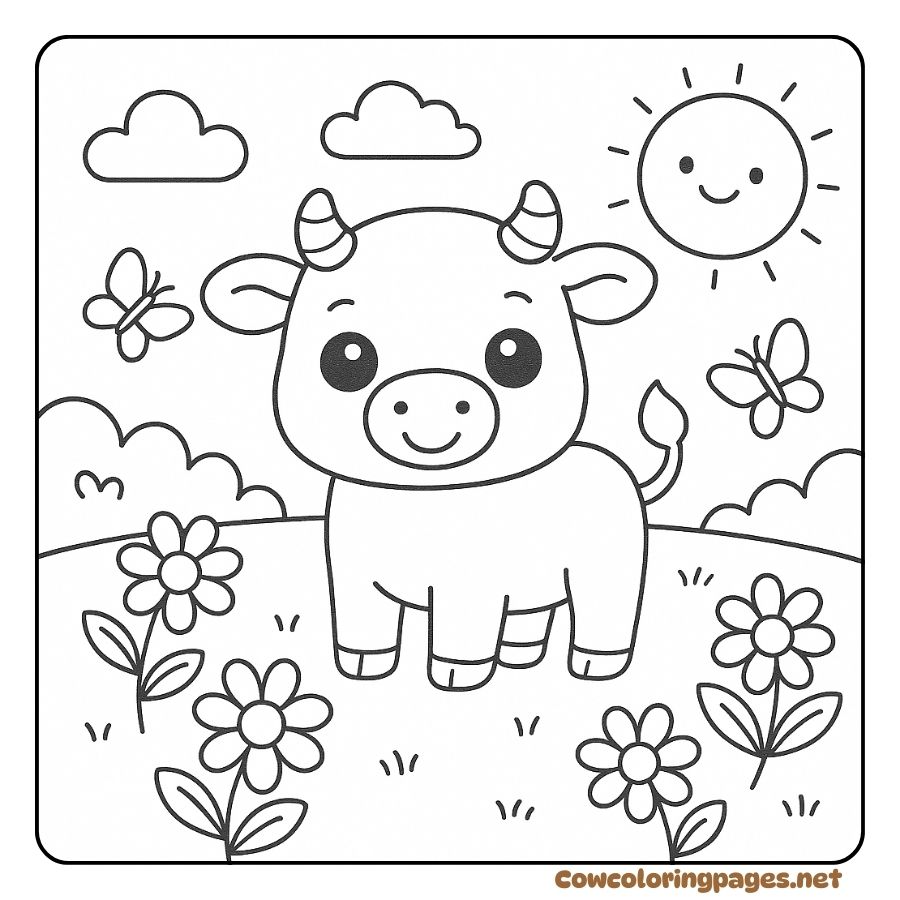 Coloring Page of a Cow in a Field of Flowers and Flying Butterflies