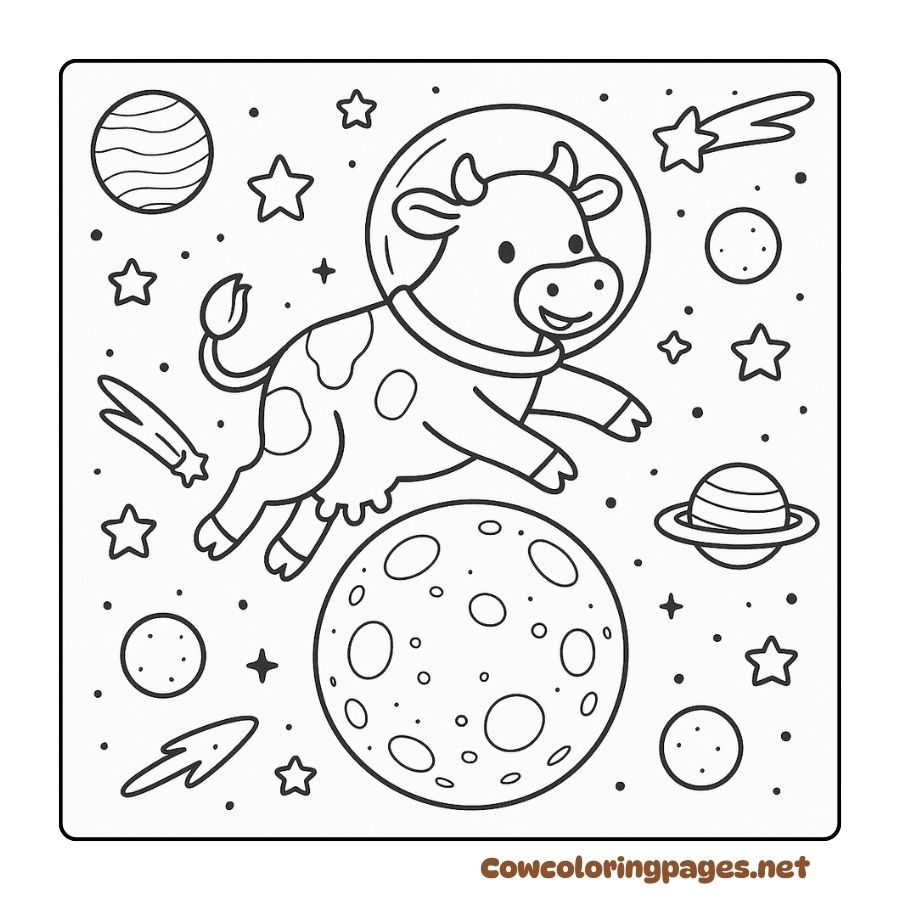 Coloring Page of a Cow Wearing an Astronaut Suit Flying in Space