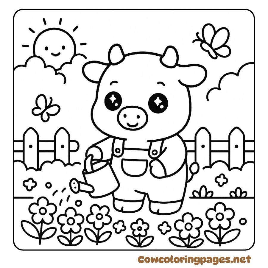 Coloring pictures of cows taking care of a small garden