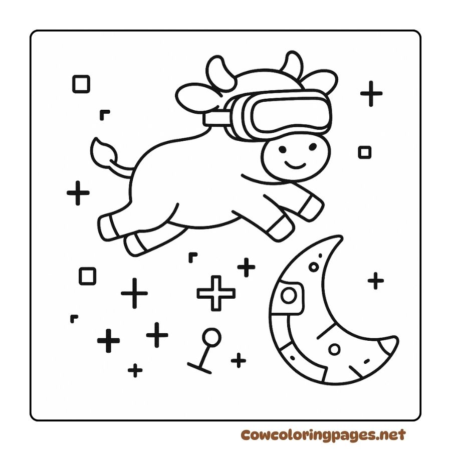 Coloring Page of a Cow Wearing Virtual Reality Glasses Exploring Space