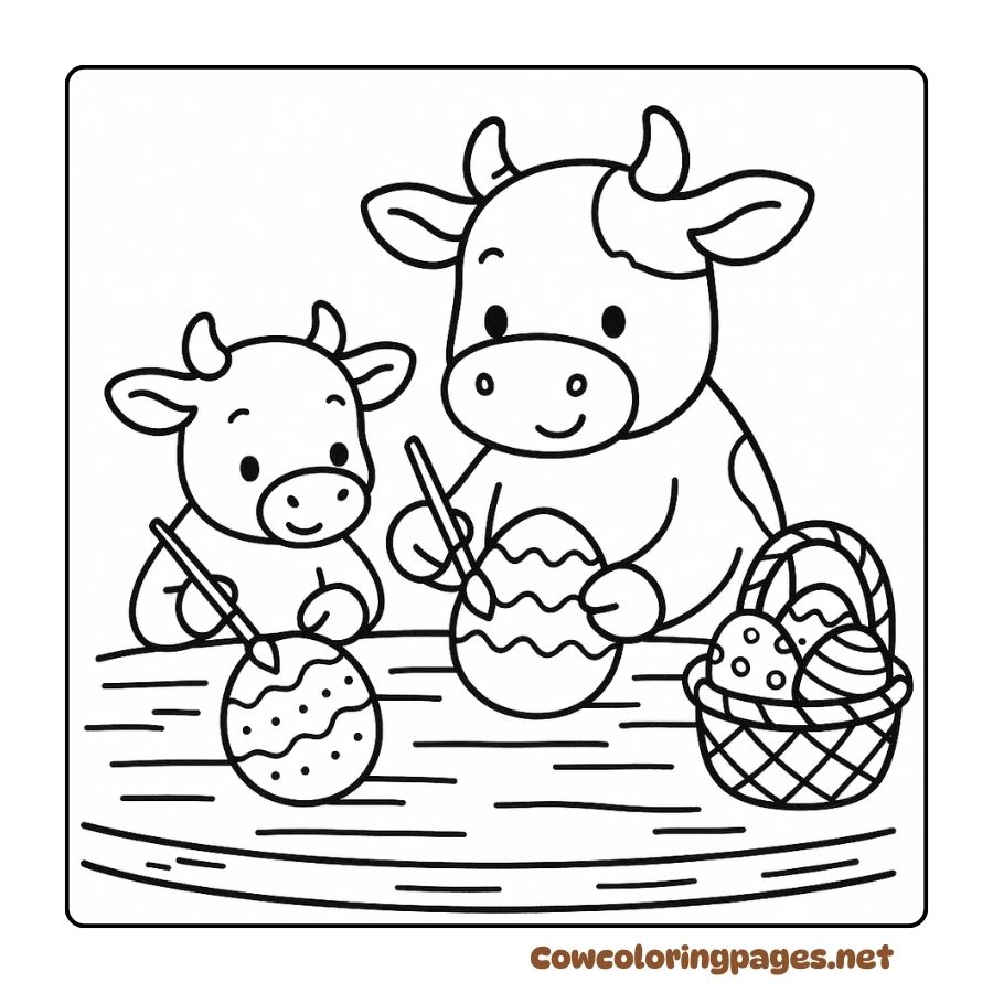 Coloring Page of a Mother and Her Baby Cow Painting Easter Eggs Together