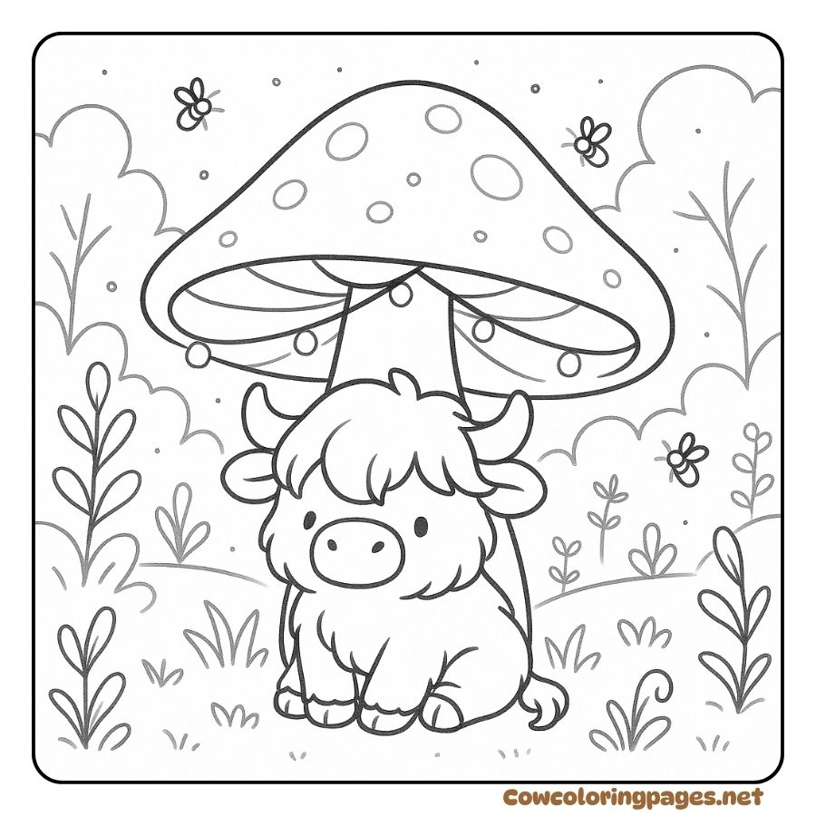 Coloring Page of a Baby Cow Sitting Under a Mushroom in a Small Forest