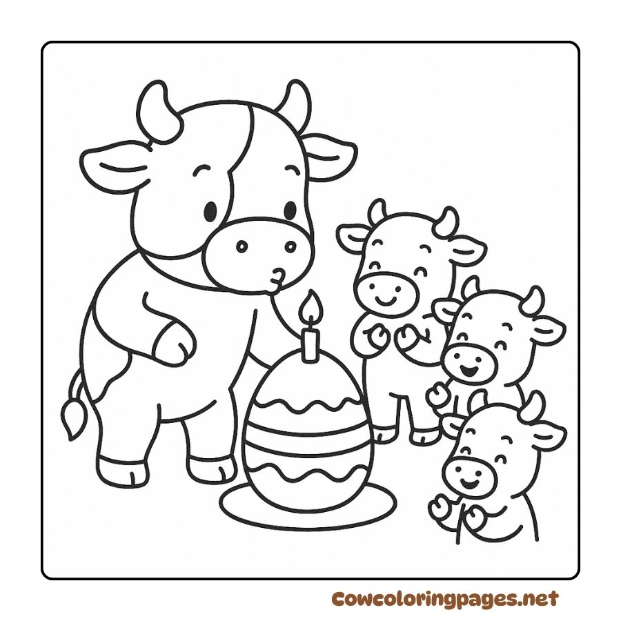 Coloring Page of a Mother Cow and Her Baby Celebrating Eggs with Candles