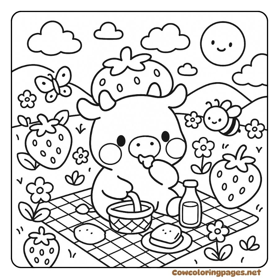 Picnic Cow Coloring Page with Basket of Cakes and Strawberries