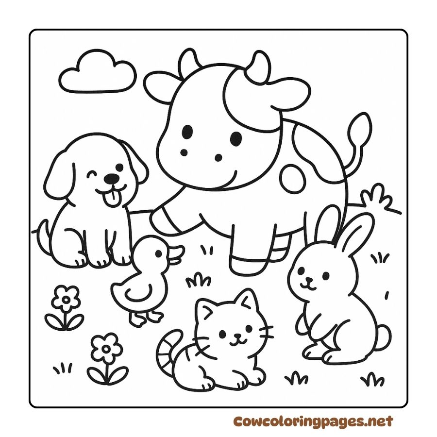 Cute Cow Coloring Page with Rabbit, Dog, Duck and Cat