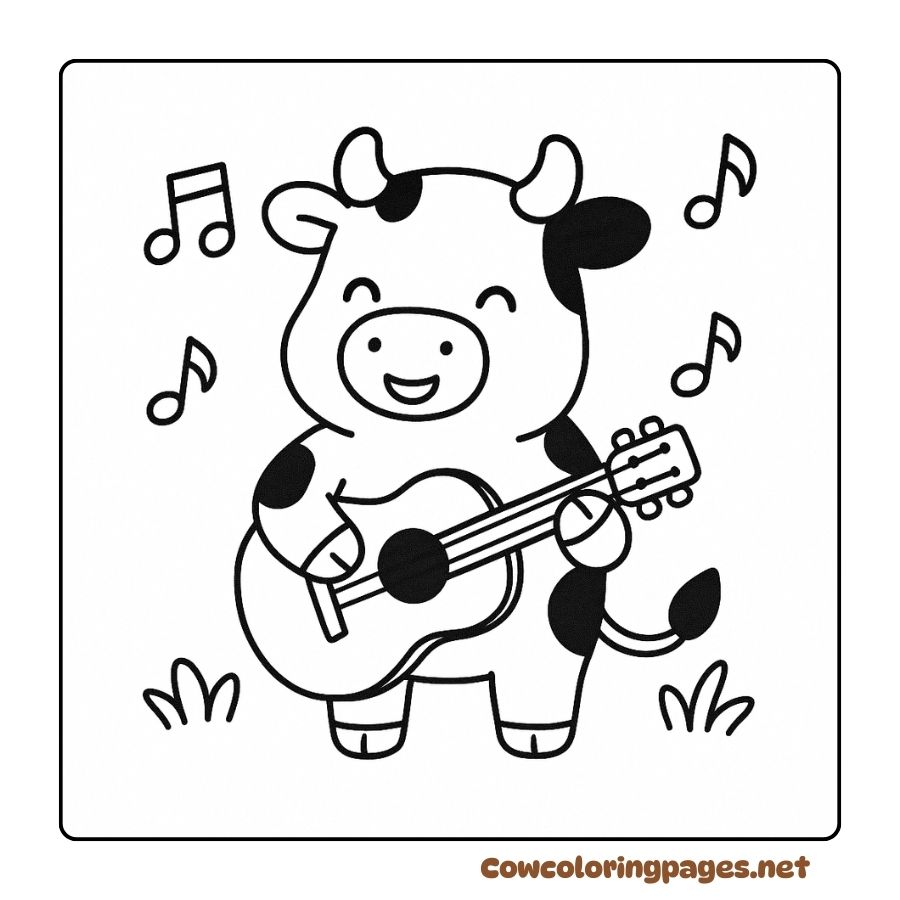 Black and White Cow Coloring Page with Guitar and Fun