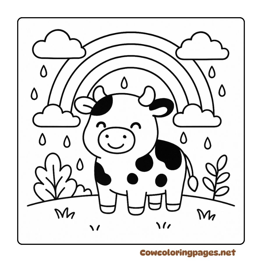 Cute Cow Coloring Page in the Rain and Rainbow